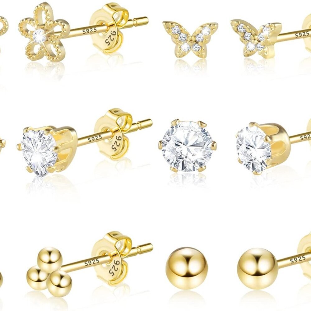 Six-Pair Small Gold Sterling Silver Cubic Zirconia Stud Earrings Set for Women